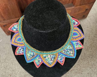 Vintage Beaded Statement Necklace Collar | Colorful Sequin Bib Necklace | Boho Tribal Festival Jewelry | Artisan Seed Bead Collar