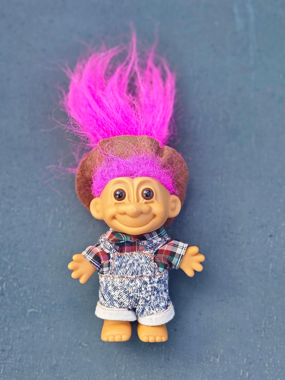Vintage 1990s Russ Troll Doll Happy Farmer Denim Coveralls Pink