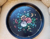 Vintage Enamel Painted Tole Serving Tray Round Black Floral