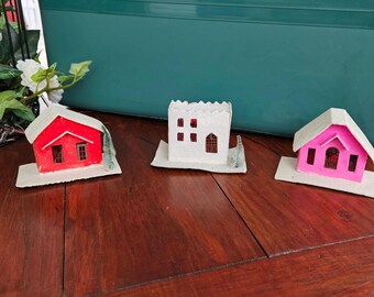 Vintage Glitter Putz Houses Set | Mid-Century Christmas Village Decor