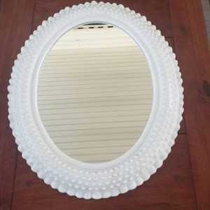 Vintage Burwood Hobnail Oval Wall Mirror | White Milk Glass Look Frame | 1970s Retro Bathroom Decor | Cottagecore Vanity Mirror