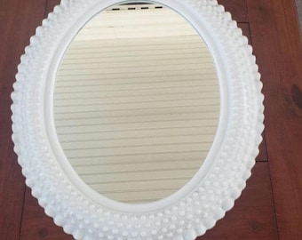 Vintage Burwood Hobnail Oval Wall Mirror | White Milk Glass Look Frame | 1970s Retro Bathroom Decor | Cottagecore Vanity Mirror