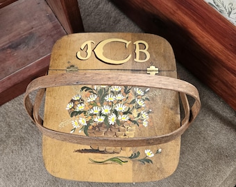 MCM picknickmand uit de jaren 70, handgeschilderde vintage geweven mand