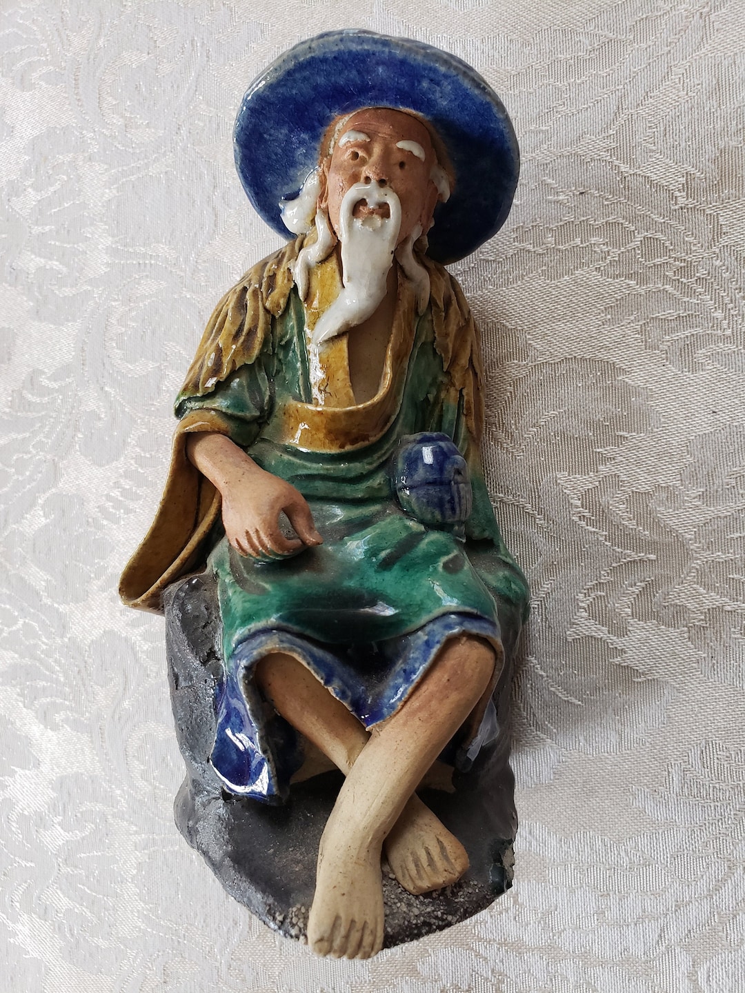 Oriental Mud Man Fishing Statue Figurine Etsy