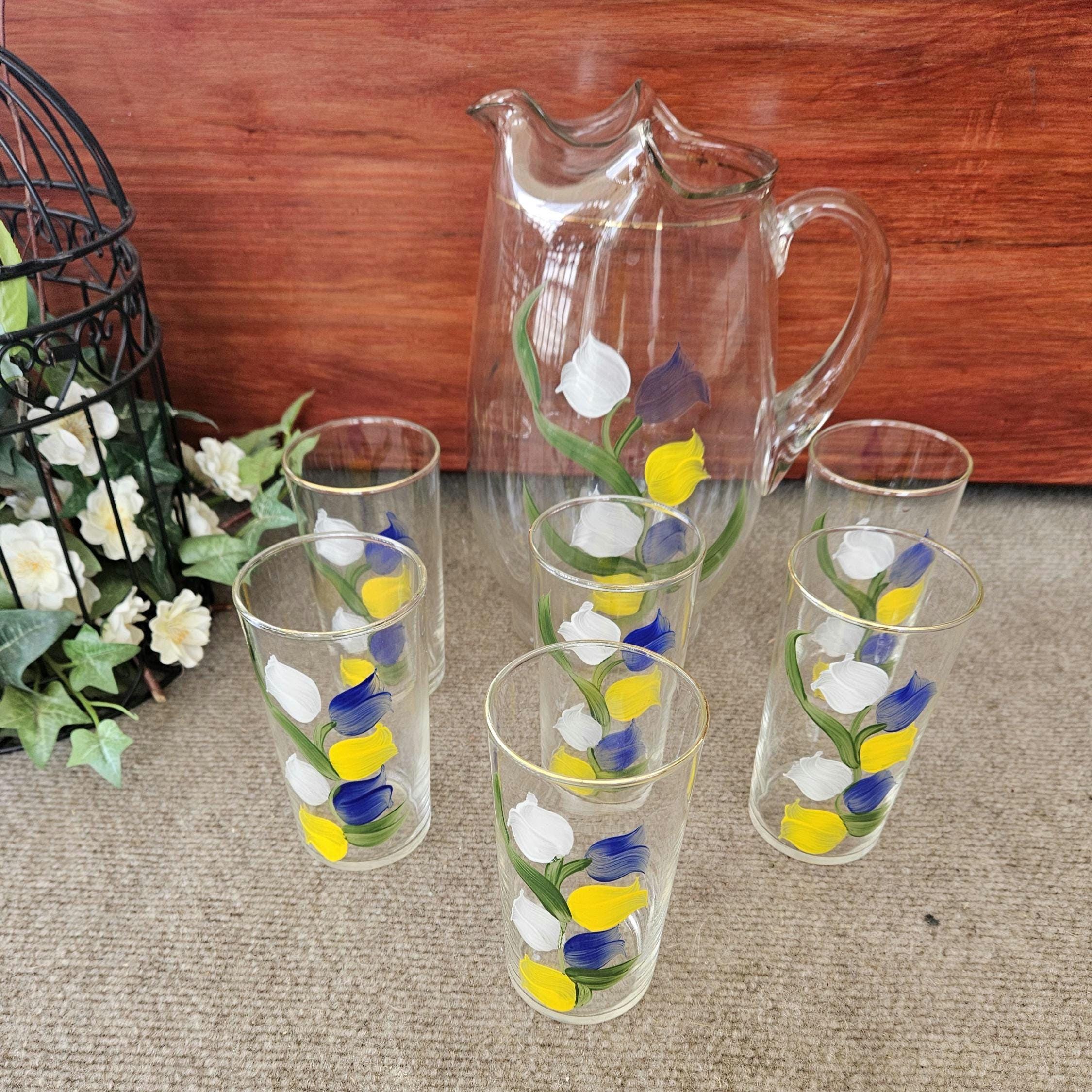 Vintage MCM Tulip Glass Pitcher Set W/ 5 Glasses Gold Rim Hand