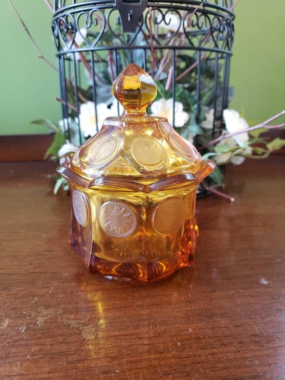 Fostoria coin pattern,Amber Fostoria finger handle candy dish,amber