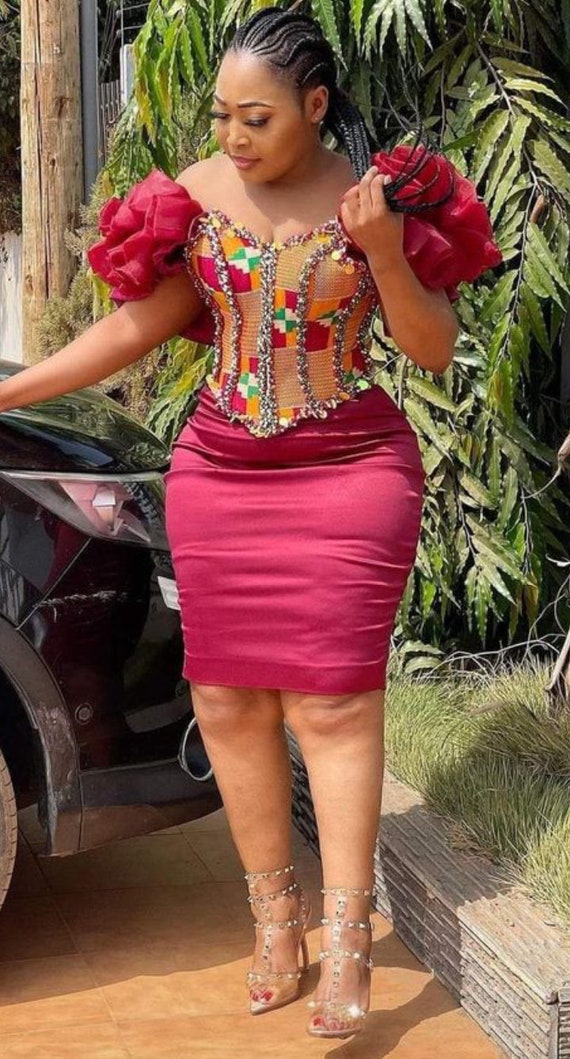 white dress with kente designs