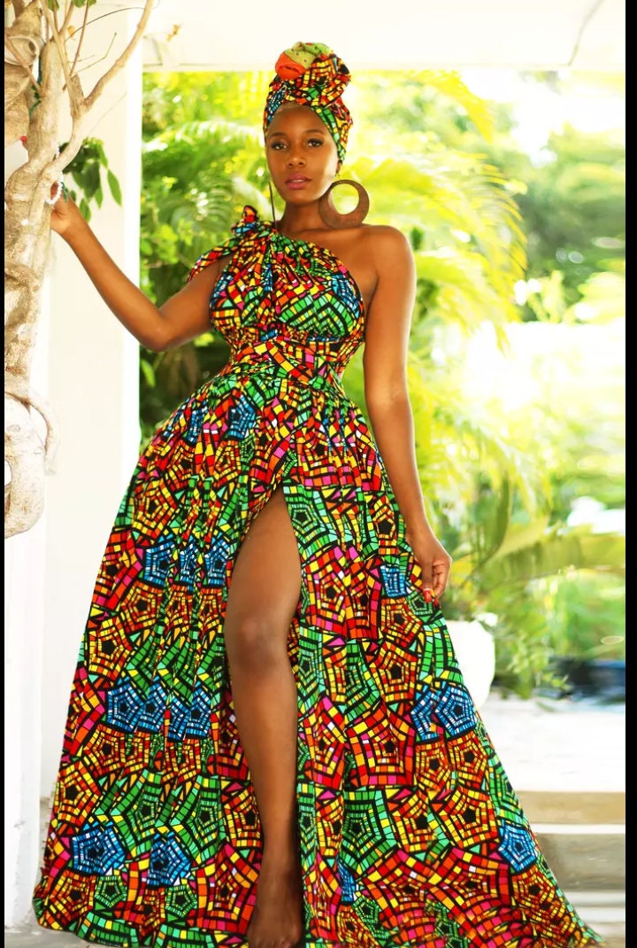 女性用アフリカンプリントマキシドレス、アフリカンレディース服