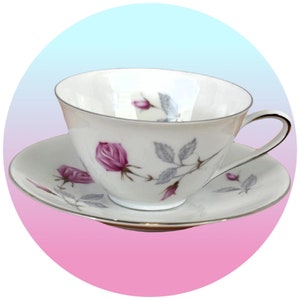 Victoria Fine China Tea Cup and Saucer Set Pink Rose Court Ship Pattern