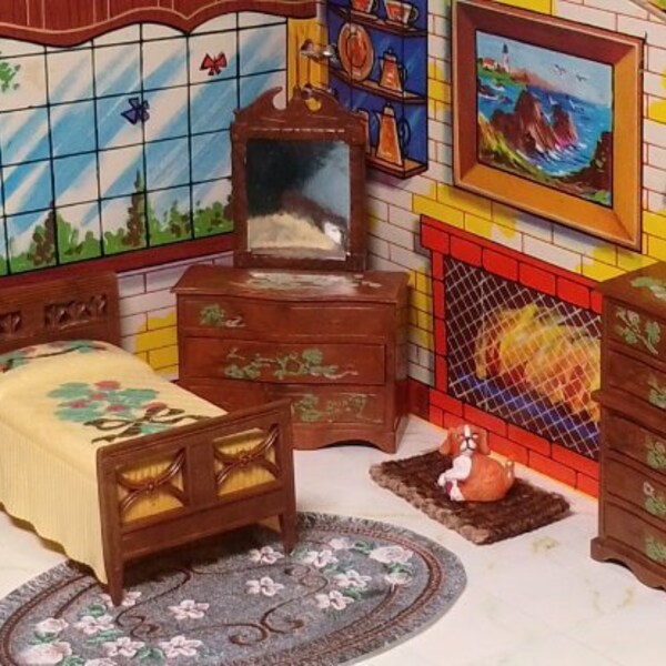 Renwal Dollhouse- Stenciled Bedroom-Furniture-Vintage 1:16
