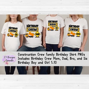 May include: Four white t-shirts with a construction theme. The shirts say "Birthday Crew" with a dump truck graphic. One shirt says "Birthday Boy" with a dump truck graphic and the number 8. The shirts are for a family birthday celebration.