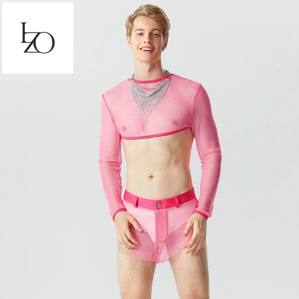 Luxury Men's Fashion Sets Glittering See-through Mesh Long Sleeved Cropped Tops Shorts Casual Two-piece Sets