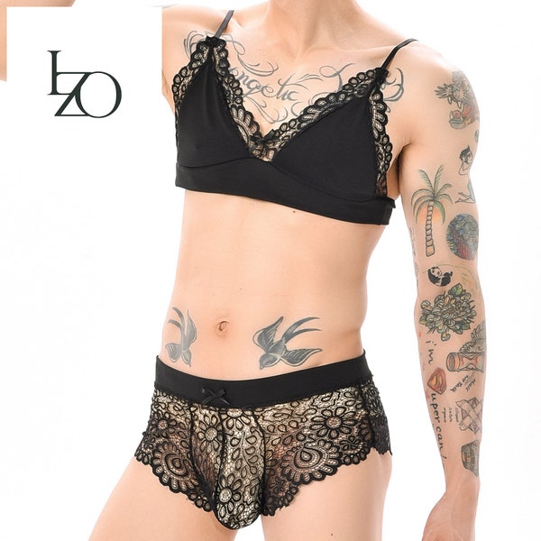 Luxe hommes Sexy ensemble de Lingerie Sissy soutien-gorge dentelle boxeurs Shorts vêtements de nuit Crossdress arc sous-vêtements transparents bretelles Spaghetti