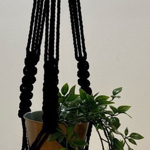 May include: Black macrame plant hanger with a brown pot and green leafy plant hanging from it.