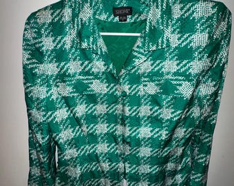 NWT Shomi 100% Silk Green Blazer Jacket – Women’s Size 10, Style #33619, Vintage 80s 90s Shoulder Pad Power Suit