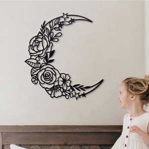 Metalen bloem kunst aan de muur, maan muur decor, bloem muur hangen, boven bed decor, hemelse muur kunst, minimalistische huwelijkscadeau, Valentijnsdag