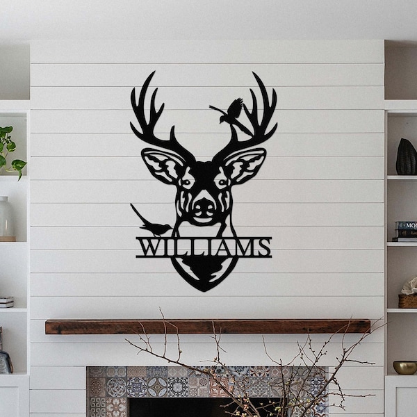 Deer Head Sign, Personalized Family Name, Hunting Iron Sign, Deer Antler Metal Wall Decor, Father Gift, Elk Deer Camp Sign, Christmas Gift