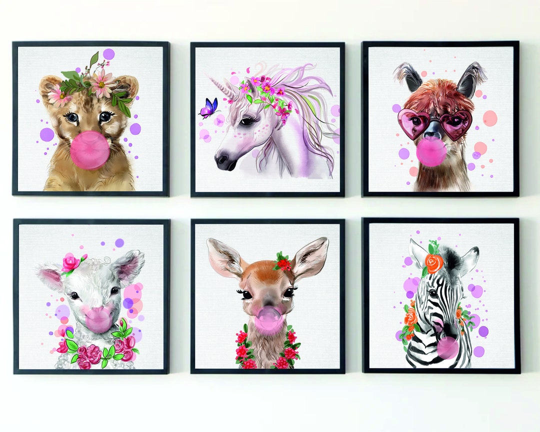 Safari Nursery Decor, Animals With Bubblegum Print, Baby Room Wall Art