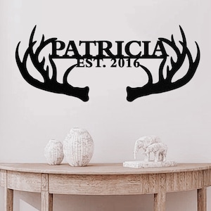 Custom Deer Antler Family Sign, Deer Name Metal Sign, Antler Decor, Gift for Farmhouse, Outdoor Garage Sign, Christmas Black Metal Gift, Art