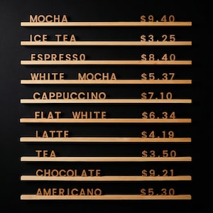 Custom Wood Menu Board, Cafe Bar Sign: 39 Inch Hanging Rail, 434 Wood Letters
