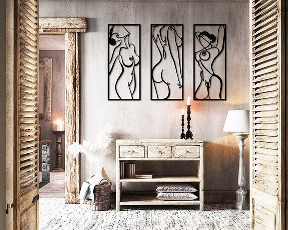 Black Metal Woman Line Art: Modern Wall Sculpture, Set of 3
