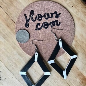 Handpainted Large Dangle Earrings, Handcrafted Leather Earrings, Black and White Leather Earrings, Large Leather Dangle Earrings Handcrafted