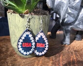 USA Leather Earrings, Handcrafted USA Teardrop Earrings, Lightweight USA Leather Earrings, USa Earrings, HandTooled Leather Earrings