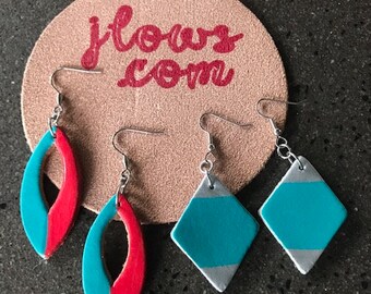 Hand Painted Turquoise Set Leather Jewelry, Leather Earrings Hand Painted, Unique Leather Earrings, Turquoise Set with Red and Silver