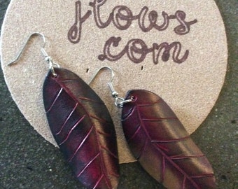 Leaf Earrings Leather Custom Made Boho Style, leaf earrings, leather leaf earrings, boho drop leaf earrings, curved leaf earrings
