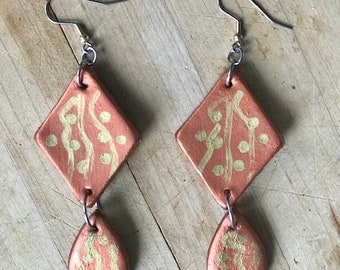 Handcrafted Leather Earrings Double Dangle, Long Leather Dangle Earrings in Copper and Gold, Diamond & Teardrop Unique Leather Earrings