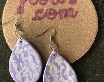 Teardrop Leather Earrings Purple and White Boho Style