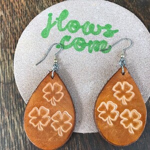 Four Leaf Clover Leather Earrings, Four Leaf Clover Earrings Handcrafted , St. Patty&#39;s earrings, St Patty&#39;s Day earring