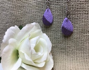 Purple Ostrich Teardrop Earrings Small Boho Chic, Real Ostrich and leather earrings, purple leather earrings, two toned purple earrings