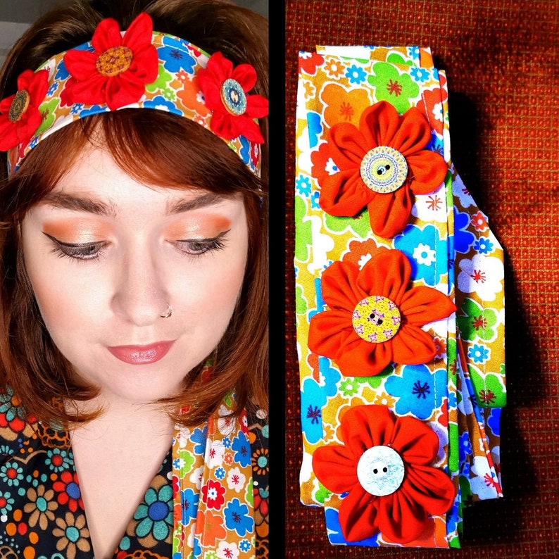 Amakando 70er Jahre Stirnband - Hippie Haarband Orange Flower Power Karneval