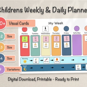 Pacote de planejador semanal e diário infantil - 9 variações para impressão + mais de 100 cartões visuais, ideal para suporte de aprendizagem, quadro de rotina, autismo