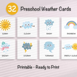 32 cartões de aprendizagem meteorológica para crianças - flashcards educacionais Montessori, pré-escola, cartões para impressão, download instantâneo, para impressão