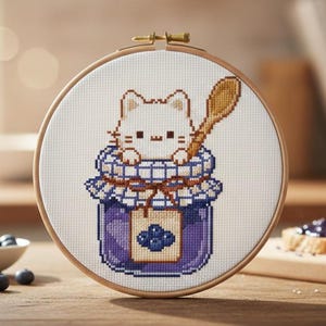 Pode incluir: Bastidor de bordado em ponto cruz com um gato branco dentro de um frasco de geleia de mirtilo. O frasco é roxo com uma tampa xadrez azul e branca e uma colher de pau. O bordado está num bastidor de madeira.
