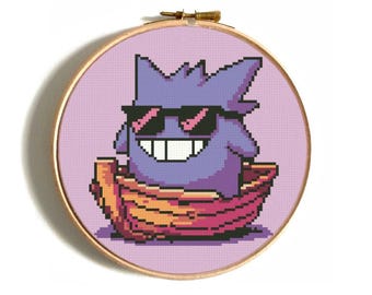 May include: A purple and black pixelated character with sunglasses and a toothy grin, sitting in a yellow and red boat. The character is on a light purple background.