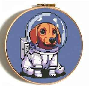 犬のクロスステッチパターンPDF、面白いクロスステッチ、かわいいクロスステッチ、モダンなクロスステッチの宇宙飛行士