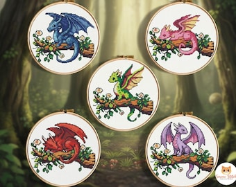 SET 5 Dragon cross stitch pattern bundle, RPG Floral PDF digital download simple easy dragon cross stitch pattern fantasy