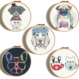 SET 5 Modèle de point de croix moderne facile, personne de chien, amoureux des chiens, décoration de maison cool Téléchargement instantané PDF