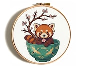Red Panda Sakura cross stitch pattern PDF - digital download – modern cross stitch pattern needlepoint gift geek nerd RPG