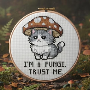 Fungi Cat Cross Stitch Pattern PDF, Funny Cross Stitch, Modern Embroidery