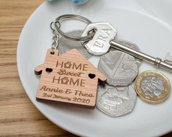 Customised 'Home Sweet Home' Keyring Housewarming Gift Personalised Present Wooden Engraved Address Year First House