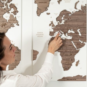 World Map Cork Push Pin Board Travel Wall Art Map, Oak Wood or Cork Wooden Travel Map Wall Decor, 3 Panel Feature Wall Art, Gift Anniversary