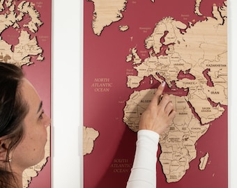 Precision Engraved Oak or Cork Wooden World Map Wall Art - Feature Wall, Wooden Travel Map Wall Decor, Sizes S-XXL, Panel Feature Wall Art