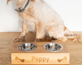 Personalised 'Double Dog Food Bowl' Engraved - Lovely Gift for Dog Lover's Pawprints Doggy Puppy Furbaby Feeding Snacks Biscuits