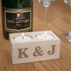 Personalised 'Couple's Initials' Set of 2 Tealight Holder Candles Wedding Day Present Gift Newlyweds Mr&Mrs Wood Engraved Anniversary