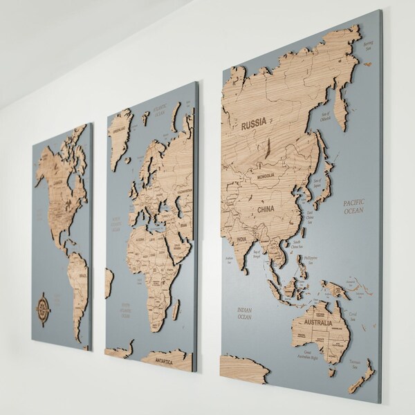 Oak Wood World Map, Wooden Travel Map Cork Push Pin Board Wall Art Home Decor, 3 Panel Feature Wall Art, Huge Big Statement Art