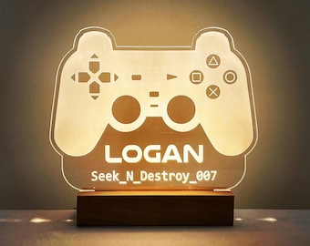 Scatola luminosa LED personalizzata per giocatori con base in legno di faggio massiccio - Controller di gioco - Ventola di gioco - Tag giocatore - Hashtag - Ragazza giocatore